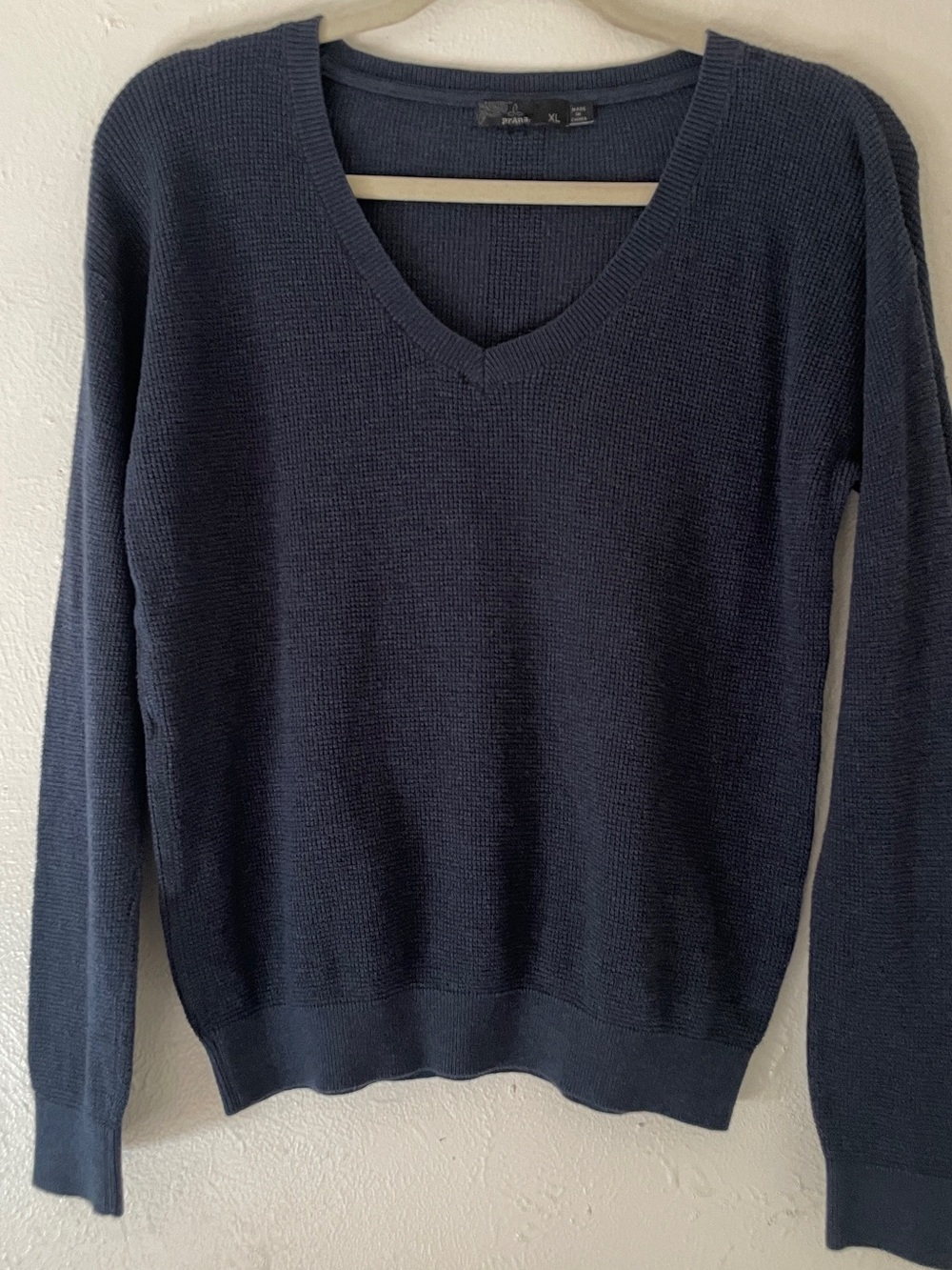 Prana Milani Dark Sky Waffle Knit V-Neck Organic Cotton Merino Sweater XL